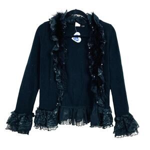 Vintage Lace Feather Trim Whimsigoth Black Cardigan Sweater Boho Fairy Goth